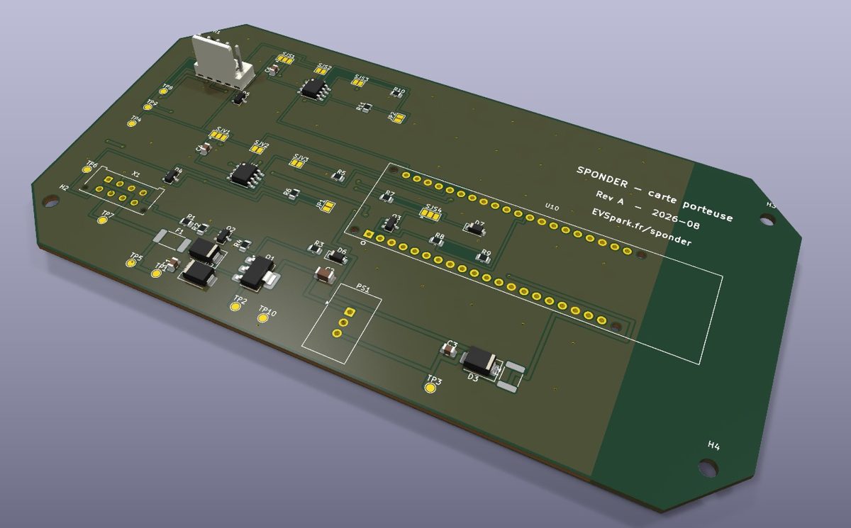 Vue 3D de la carte porteuse Sponder, 150 × 78 mm, avec l'emplacement du module ESP32-P4