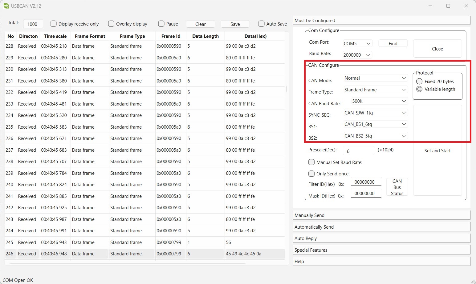 Screenshot des USBCAN-Dienstprogramms mit den drei korrekten Einstellungen